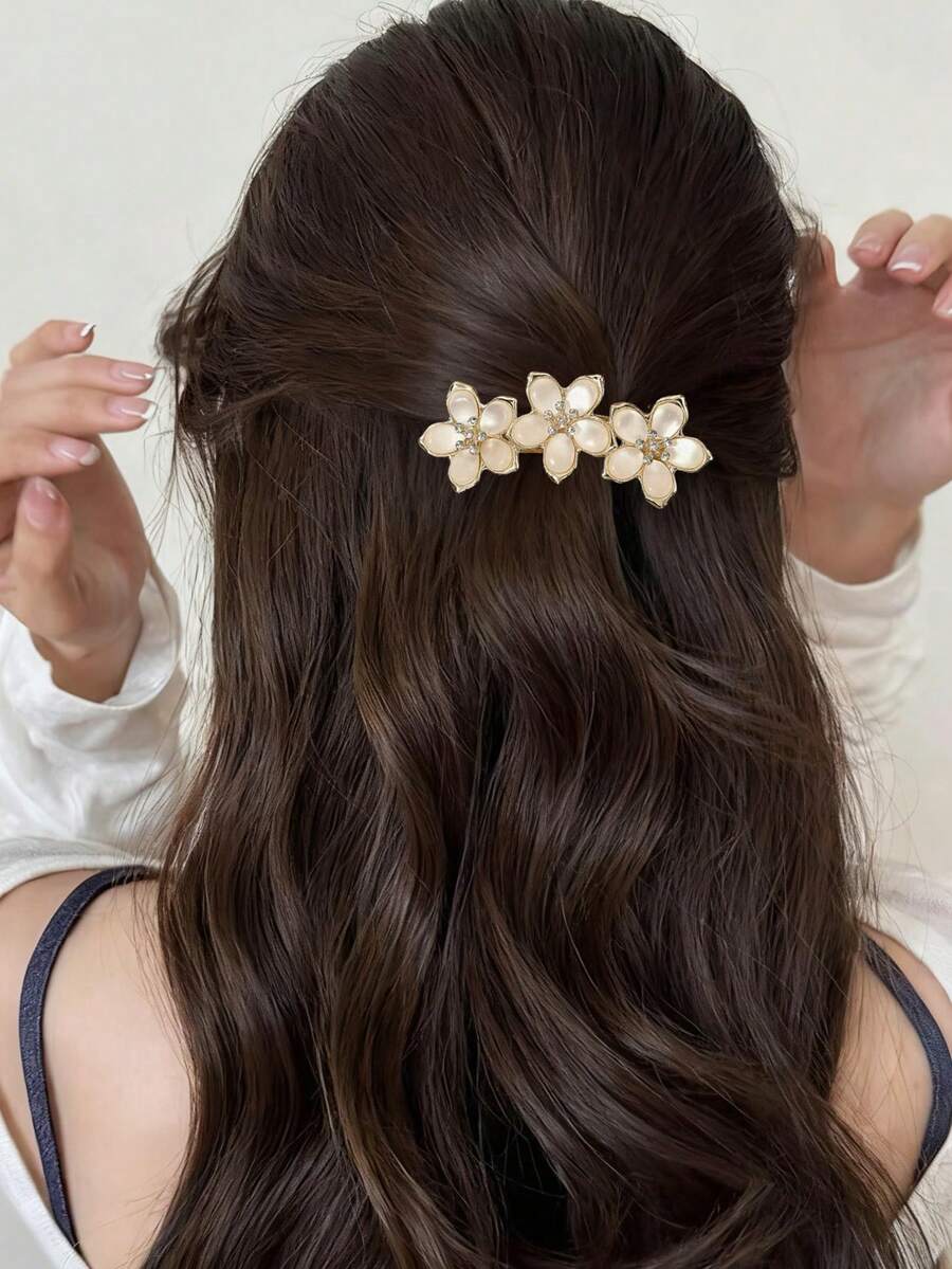 1 pieza Pasador de primavera de flor de cristal de strass, estilo princesa, adecuado para moño, regalo de vacaciones y accesorio de cabello diario, verano, viaje - Dorado - Ver 1