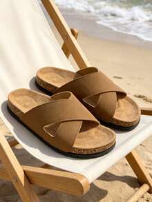 Men's Sandals Criss-Cross Slippers, Slip-On Soft Cork Casual Slides, Suitable For Summer, Office, Outdoor, Beach, Vacation. Non-Slip, Breathable, Durable Thick-Sole Beach Sandals - Khaki - View 4