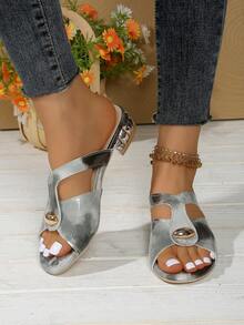 2026 Summer New Ink Gradient Thick Heel Slippers For Women, Metal Buckle Hollow Lacquered Leather Mid-Heel Sandals For Beach, Resort, Elegant, Preppy, Party, Vacation, Casual, Bohemian, Cute, PU Leather, Hollow Buckle, Beach, Holiday, Wedding, Party, Office, Home, Outdoor, Summer, Autumn - Black - View 7