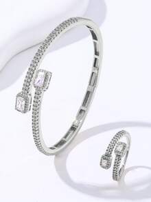 Juego de pulsera y anillo con forma de corazón totalmente cubierto de rhinestones, pulsera abierta de estilo elegante y versátil, joyería de alta gama - Lujo discreto y estilo elegante - Ver 7