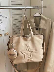 Túi tote vải canvas họa tiết ngôi sao thời trang mới, kiểu dáng thường ngày, có ngăn đựng tiền xu, dành cho nữ, túi công sở, túi vải canvas. - Màu Khaki - Xem 7
