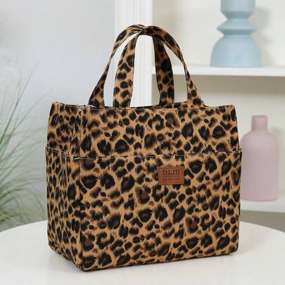 DLIU New Arrival Leopard Print Insulated Lunch Bag, Thick Fabric With Aluminum Foil Lining, Front Zipper Pocket, Dual Side Pockets, Large Capacity, Suitable For Lunch Box, Bento, Tote, Handbag, Organizer Bag, Portable, Lightweight, Fashionable, Versatile For Work, School, Picnic, Shopping, Daily Use