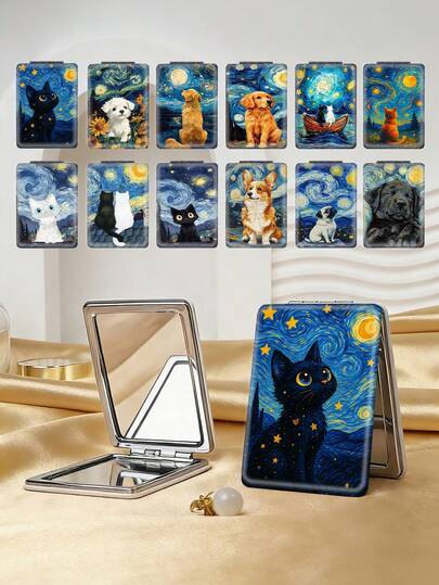 1 chiếc gương trang điểm nhỏ gọn kiểu tranh Van Gogh hình mèo con, có thể gập lại, nhẹ, mỏng, bền, làm bằng da PU, phù hợp cho nhiều dịp như du lịch, tiệc tùng, công sở, trường học, phù hợp cho mọi lứa tuổi.