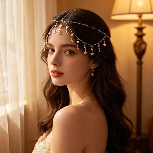 1件波西米亚星形度假风头链，多层流苏金色新娘发饰，精致发带