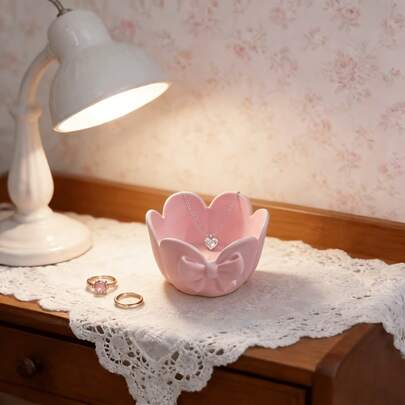 1pc Pink 3D Printed Cute Frill-Border Bow Jewelry Tray, Made Of PLA Material, Suitable For Jewelry Storage, Home Decoration, Tabletop, Office Desk, Theme Party Decoration, And Jewelry Tray.