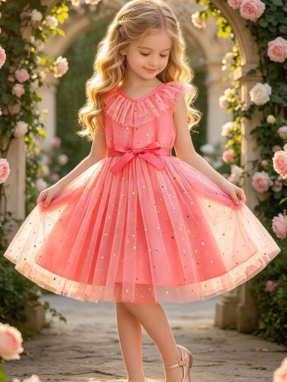 Váy công chúa lưng thun cổ chữ V lưới nhẹ mùa hè cho bé gái với họa tiết ngôi sao, thanh lịch cho tiệc sinh nhật bãi biển