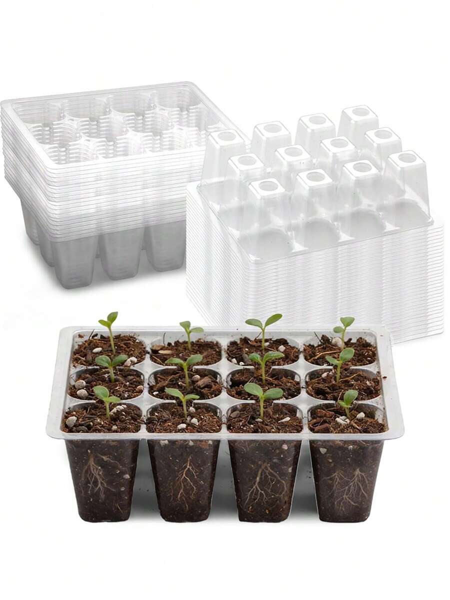 5 piezas Bandeja de germinación de plástico transparente de 12 agujeros con orificios de drenaje, ligera para jardinería interior/exterior, germinación de semillas de vegetales y hierbas - B - Ver 1