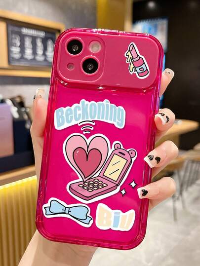 1 pieza Funda de teléfono con espejo, corazón y lazo pintados en magenta TPU, con soporte minimalista y protección contra golpes compatible con iPhone 17pro/17Air /17/17promax 16/11/16pro/16plus/16promax/16e/15Promax/13/14/12/XS/XR/7G/8PXR /7/8, Funda suave de TPU con pintura y protección contra golpes para iPhone 15Promax, 13, 14, 11, X, 12, 14