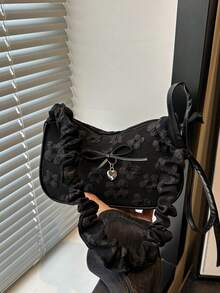 Tas Bahu Motif Botani Baru Warna Polos yang Modis dan Serbaguna, Tas Persegi Kecil Baguette Minimalis Kasual untuk Wanita - Hitam - View 9