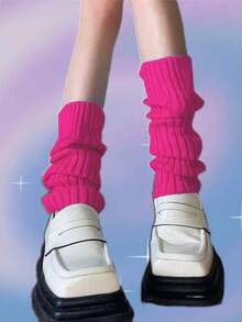 1 双针织腿套，简约休闲日常穿着 - 玫紅色 - 查看 5