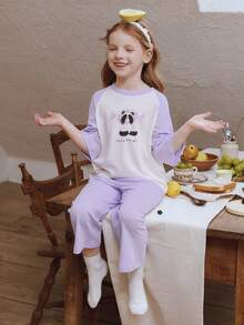 mini bala Bộ đồ ngủ bằng cotton nguyên chất cho bé trai và bé gái, quần dài chín điểm. - hồng tím - Xem 4