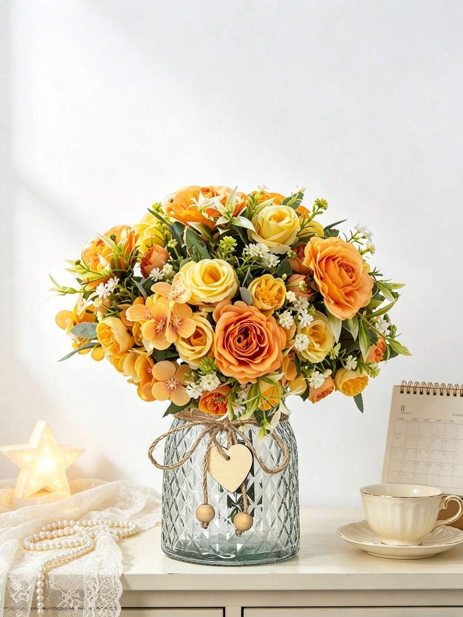 1pc Artificial Rose & Hydrangea Flower, Rose, Hydrangea, Faux Flower Suitable For Home, Party, Wedding Decoration, DIY, Bridal Bouquet, Outdoor Garden Decoration, Valentine's Day Decoration, Gift - Yellow - View 1