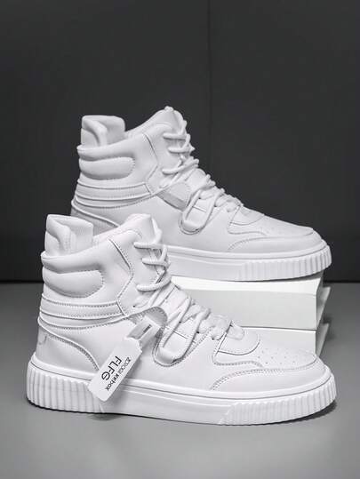 Zapatillas casuales nuevas de otoño/invierno 2024 para hombres, zapatos de skate de caña alta con cordones, suela gruesa antideslizante y resistente al desgaste, zapatos casuales blancos versátiles, botas de cuero negro de estilo callejero para exteriores y caminatas, zapatos de skate retro de punta redonda blancos para parejas, campus y uso versátil, botas de nieve con forro de felpa cálido para hombres