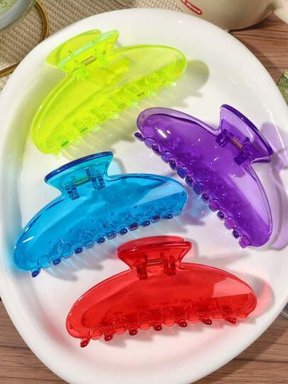 4个透明果冻色塑料发爪夹，高饱和度黄色、紫色、蓝色、红色，半圆形设计，发爪形状，防滑，甜美时尚风格，韩式简约风，适合街头、约会、晚宴、派对、音乐节等场合。