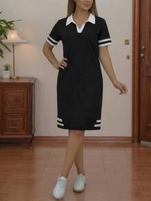 时尚休闲百搭条纹撞色 Polo 领口袋短袖夏季连衣裙优雅黑色 - 黑色 - 查看 4