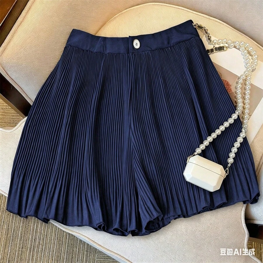 Quần short xếp ly dáng rộng, màu trơn, kiểu dáng thời trang mới, đa năng dành cho nữ, thích hợp cho mùa hè. - Màu xanh hải quân - Xem 1