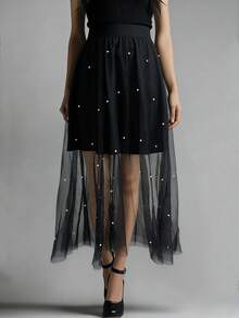 女士春夏时尚优雅休闲都市摩登高腰串珠星形图案黑色薄纱双层透视中长裙；高腰精致串珠星形图案双层薄纱垂褶蓬蓬裙；办公中长裙；夏季休闲中长裙 - 黑色 - 查看 6