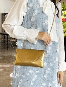新款女士斜挎手机包，时尚条纹信封链条单肩包，简约百搭大容量手拿包 - 金色 - 查看 1