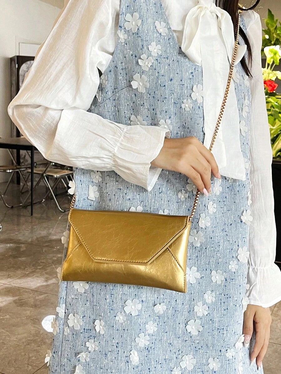 新款女士斜挎手机包，时尚条纹信封链条单肩包，简约百搭大容量手拿包 - 金色 - 查看 1