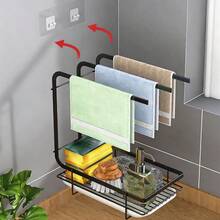 1pc No Drill Kitchen Sink Sponge Drainer Rack, 2-In-1 Countertop & Wall Mount Dish Drying Rack With Towel Bar And Removable Drip Tray, Black Metal Kitchen Organizer - Multicolor - View 10