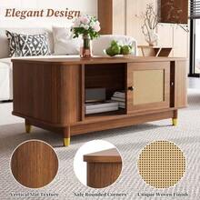 Couchtisch Mit Rattan-Schiebetüren, Abgerundete Ecken, Stauraum, MDF, Holzoptik, Wohnzimmertisch, Modernes Design - Walnut - View 8