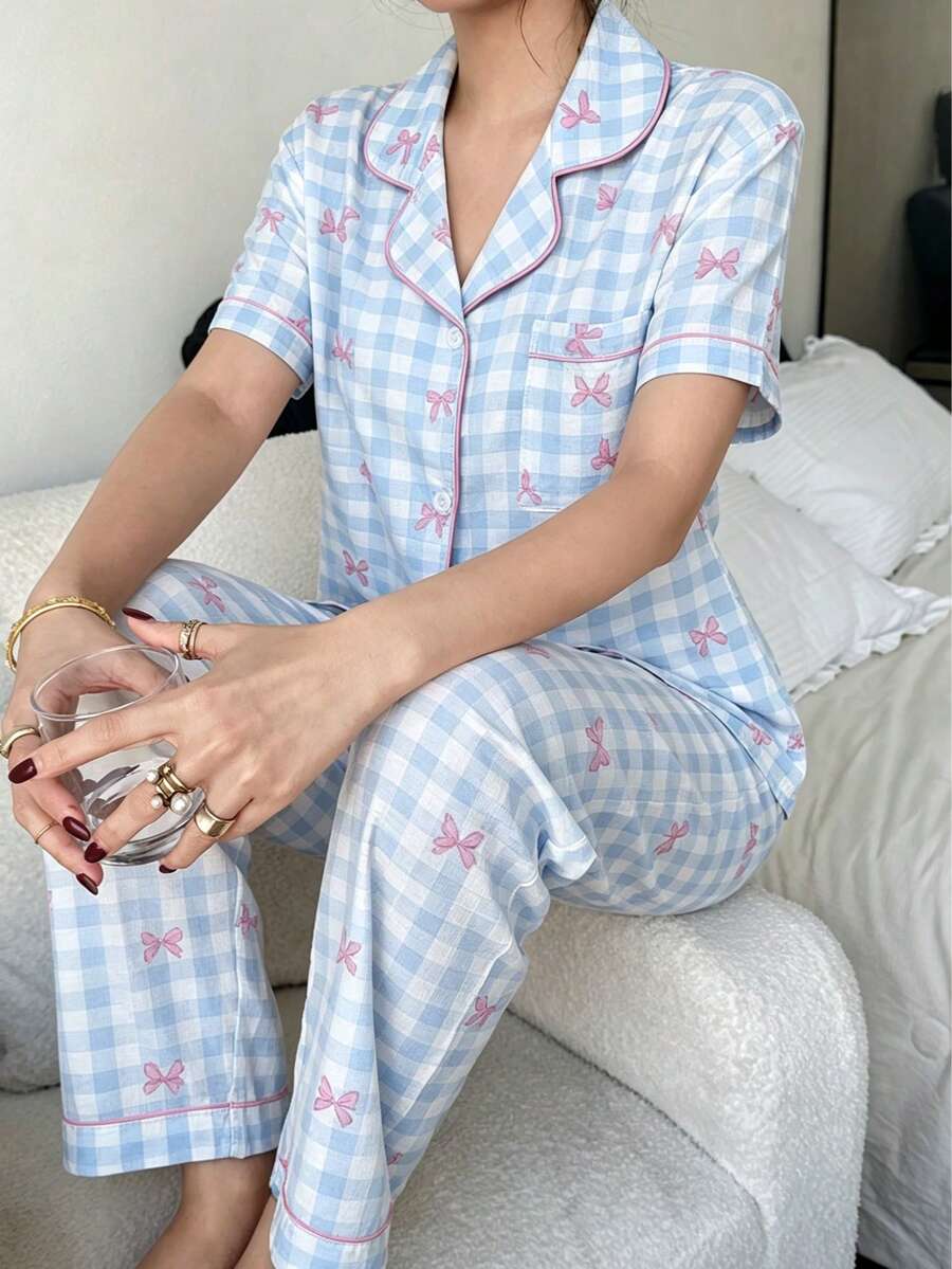 Dreamivo 2pcs Women Pajama Set, Plaid Bow Tie Short Sleeve Collared Top And Long Pants, Ladies Sleepwear Homewear For All Seasons - Baby Blue - View 1