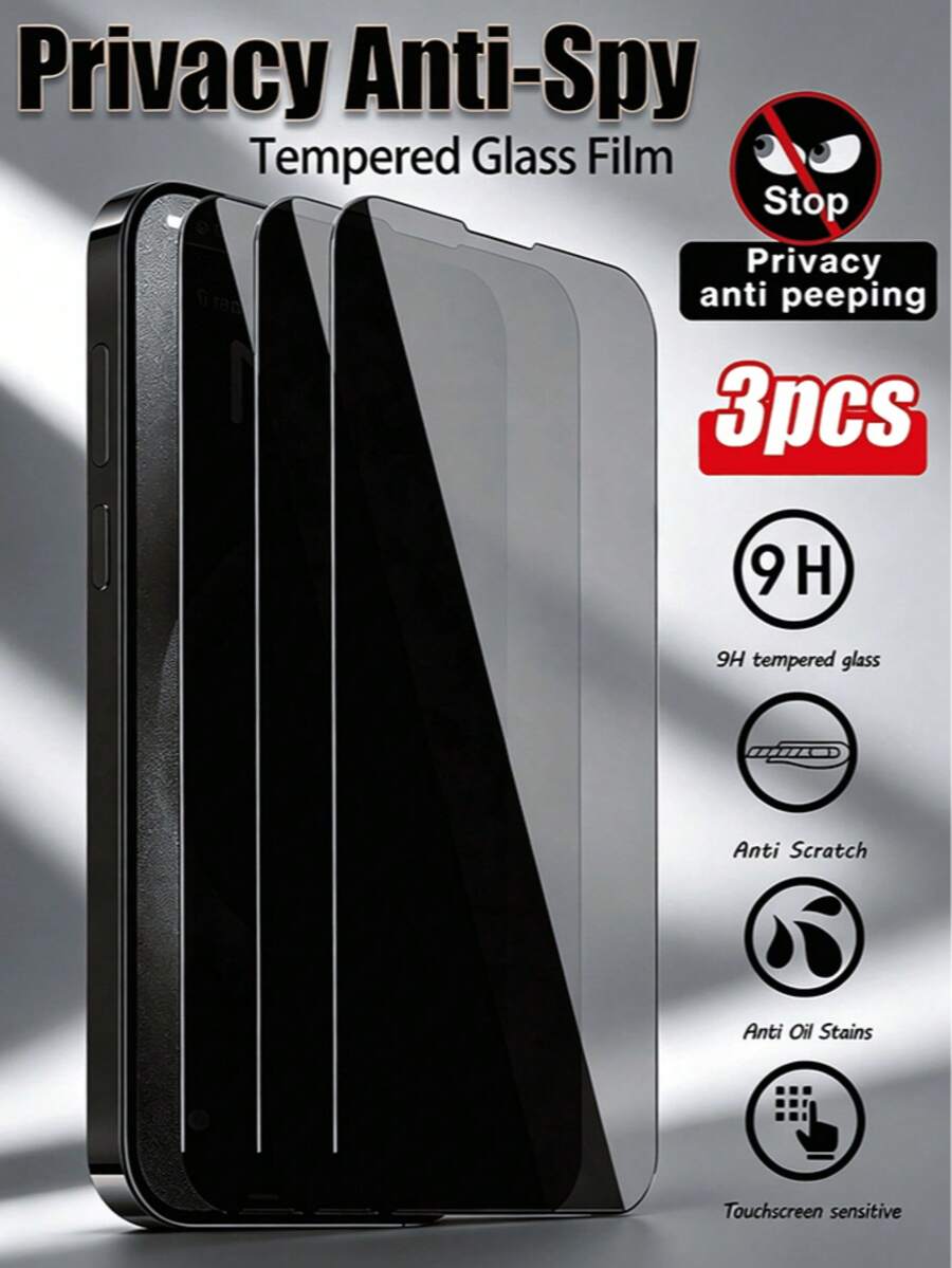 MSRI 3pcs/Pack Privacy Anti-Peeping Tempered Glass Screen Protector, 9H Anti-Peeping Tempered Glass Film, Scratch-Resistant, Durable, Waterproof, Anti-Fingerprint, Anti-Drop, Anti-Scratch, Compatible With Phone Cases, Effectively Protects Screen Privacy In Public Places. Compatible With IPhone17e/IPhone17 Pro Max/17 Pro/17Air/17/16 Pro Max/16 Pro/16 Plus/16/15 Pro Max/15 Pro/15 Plus/15/14/13/12 And Other Models.
