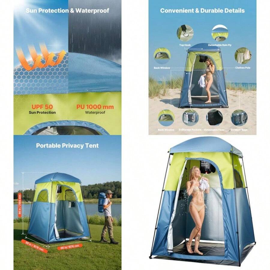 Tienda de Ducha con 1 Habitación y Bolsa de Ducha con Piquetas Cuerdas Bolsa de Transporte y Postes de Soporte Tela Oxford 150D para Camping Playa Pesca Verde 1676 x 1676 x 2184 mm - como en la imagen - Ver 1