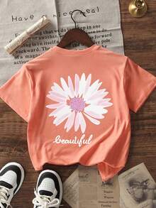 Tween Girl Floral Print Round Neck T-Shirt, Summer Top - Coral Orange - View 4