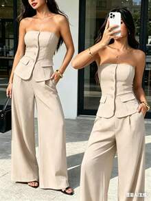 Strapless Bustier Set With Wide Leg Pants - Elegant Style For Women - 杏色 - 查看 1