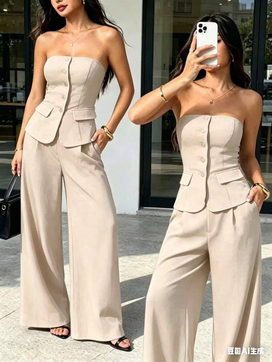 Strapless Bustier Set With Wide Leg Pants - Elegant Style For Women - 杏色 - 查看 1