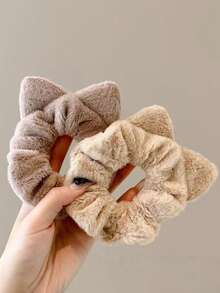 4pcs Cute Plush Cat Ear Hair Scrunchies, Fluffy Hair Ties, Large Hair Bands, Ponytail Holders, Elastic Rubber Bands, High Elasticity Hair Accessories (Slight Color Difference Between Actual Product And Image, Please Consider Carefully Before Purchasing) - Multicolor - View 5