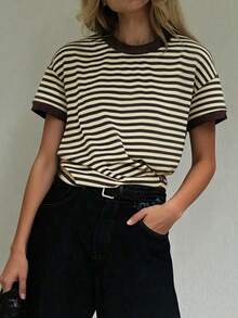 Vaiaye Women's Loose Round Neck Casual T-Shirt, Striped Patchwork Minimalist Fitted Contrast Color Short Sleeve T-Shirt, Suitable For Daily Wear, Work Commute, And Home Summer - Brown - View 5