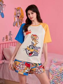 Noctvar OBM Sleepwear X TOM & JERRY 汤姆和杰瑞联名款蓝黄撞色插肩袖卡通印花女式短袖短裤睡衣套装 - 彩色 - 查看 2