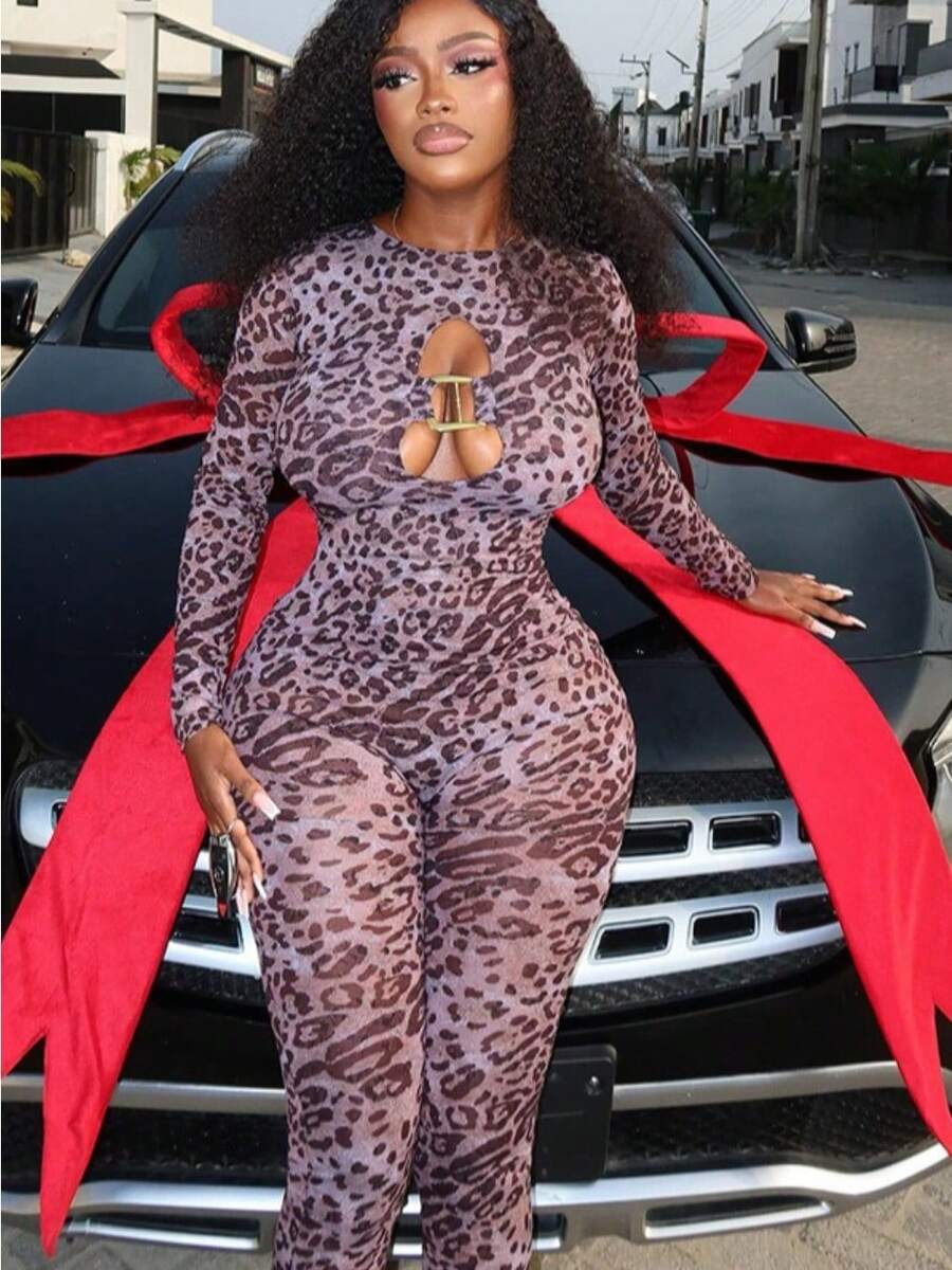 Personalized Leopard Print Women's Slim Fit Long Jumpsuit, Hollow Out Backless High Neck Long Sleeve Bodysuit - 1 - 查看 1
