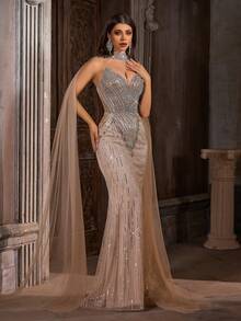 Luxury Champagne Gold Sequin Mermaid Evening Dress With Long Sheer Shawl, Shiny V-Neck Formal Maxi Gown With Back Tie Design Party Wedding - Apricot - View 5