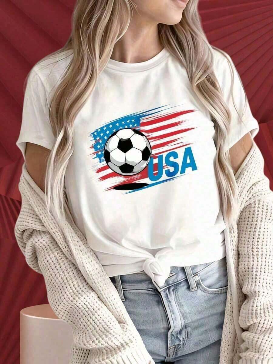 Comfortable Plus-Size Women's T-Shirt,Women's T-Shirts With Round Neck And Short Sleeves Have Interesting Printed Patterns.Usa Soccer Flag T Shirt Women  Football America Team Jersey Graphic Tee Sport WearSuitable For Christmas Partysports Activitiesholiday Partiesingssports And Other Holiday Gifts ().100% Cottonsummer Outfits For Womenvintage Blusas - 白色 - 查看 1