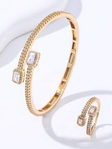 Juego de pulsera y anillo con forma de corazón totalmente cubierto de rhinestones, pulsera abierta de estilo elegante y versátil, joyería de alta gama - Lujo discreto y estilo elegante - Ver 3