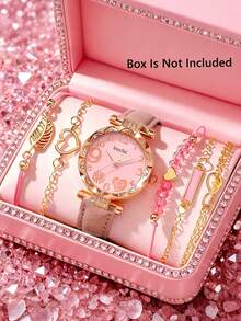 6pcs Elegant Resort Style Women's Quartz Watch Set: Includes 1 Watch And 5 Bracelets. This Exquisite And Versatile Women's Watch Set Is Suitable For All Ladies To Wear. - Pink - View 6
