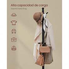VASAGLE URCR003B01 - Perchero y soporte de madera maciza con 10 ganchos para sombreros bolsos bolsos para entrada pasillo madera de hule - Tinta negra - Ver 4