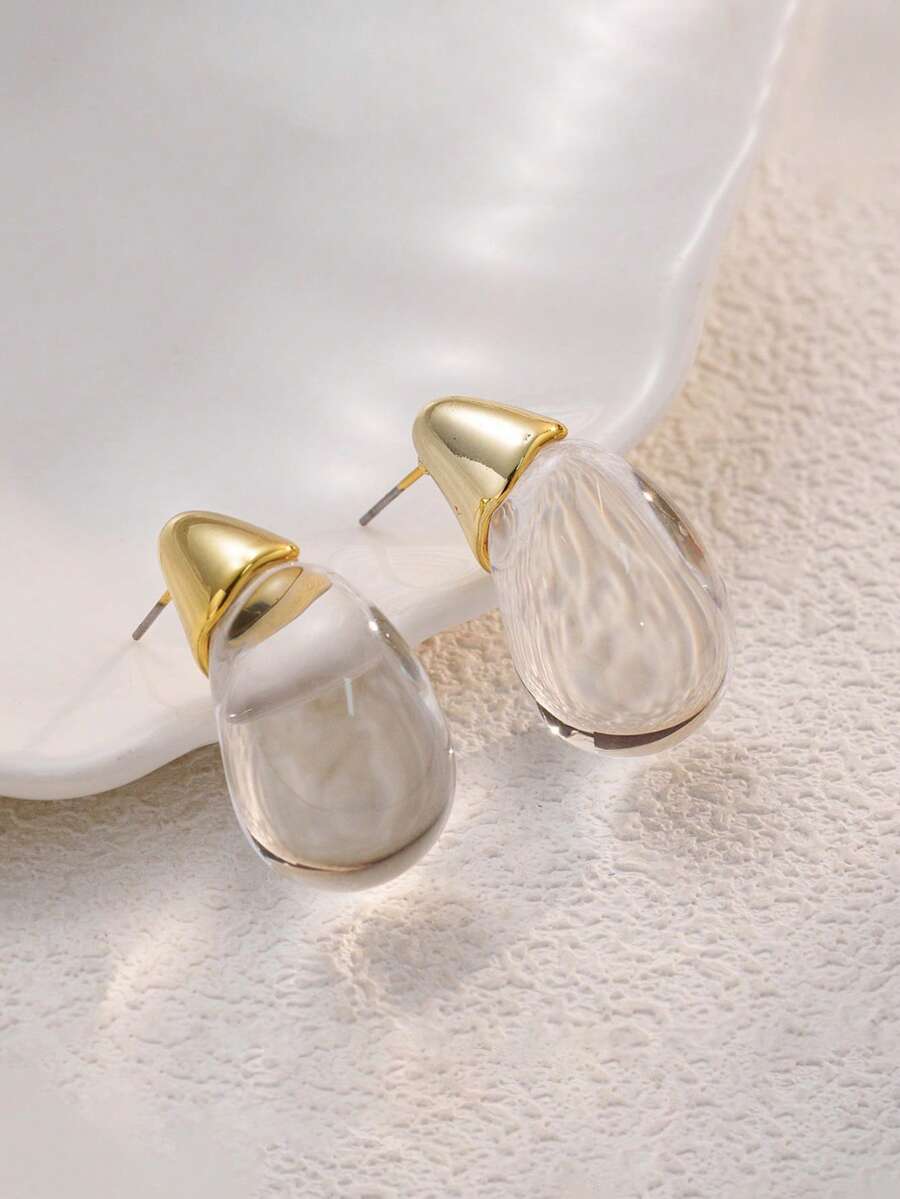 1对时尚新款水滴形透明简约优雅通勤耳环 - 金色 - 查看 1