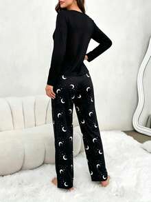Black Moon Cat Print Long Sleeve & Pants 2 Pieces Pajama Set, Women Casual Loungewear - Black - View 5