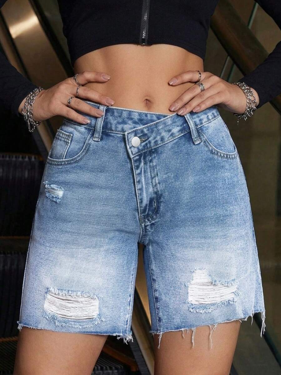 纯色口袋拉链纽扣时尚做旧牛仔短裤 - 藍色 - 查看 1