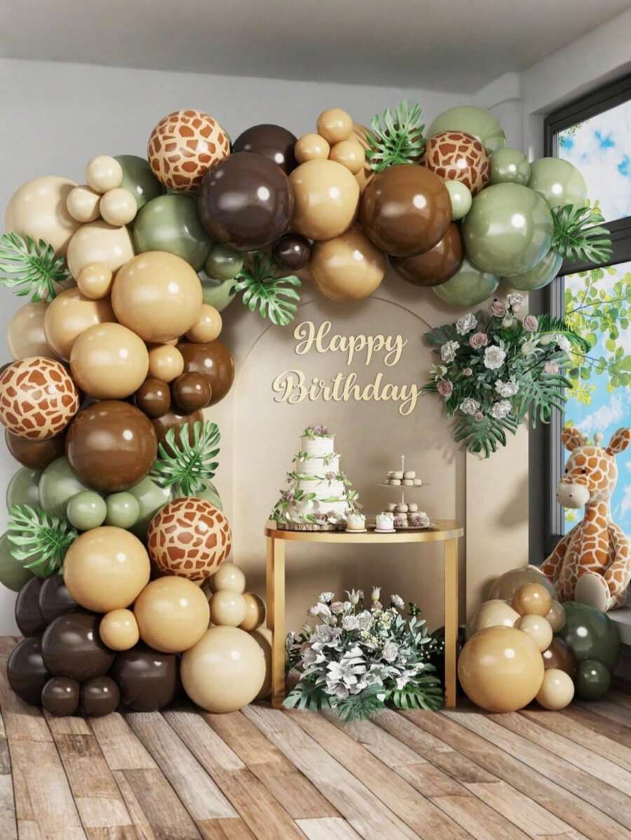 85/170pcs Sage Green & Brown Balloon Garland Set, Olive Green & Gold Wild Animal Balloons, Arch Animal Print Balloons, For Jungle Themed Birthday Decor, Suitable For Forest Wedding, Birthday Party, Gender Reveal Party, Baby Shower - View 1