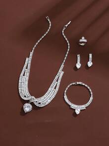 Set 4 buah perhiasan mewah romantis berkilauan: Kalung, Anting, Gelang, dan Cincin, Cocok untuk Pernikahan, Acara Gala, Gaun Ringan, dan Pemakaian Sehari-hari. - Set kalung, cincin, anting, dan gelang. - View 5