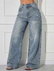 Jeans de pierna recta de cintura alta con adornos de rhinestones lavados de manera casual - Neblina azul - Ver 2