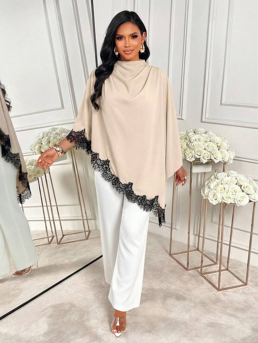 AIJ Amarilo 女士优雅漏斗领蝙蝠袖上衣，饰有黑色蕾丝边，长款不对称下摆梭织面料端庄衬衫 - 杏色 - 查看 1