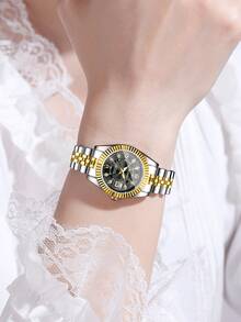 1件女士时尚休闲镶钻罗马数字表盘优雅石英手链腕表，不含表盒 - 彩色 - 查看 5
