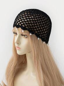 1pc Women's Fashion Lightweight Hollow Pearl Pendant Beaded Knit Hat, Suitable For Boho Beach Outings And Daily Wear - A - View 3