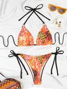 Bộ bikini buộc dây cổ hai bên in họa tiết da báo tím - Màu tím  Violet - Xem 6